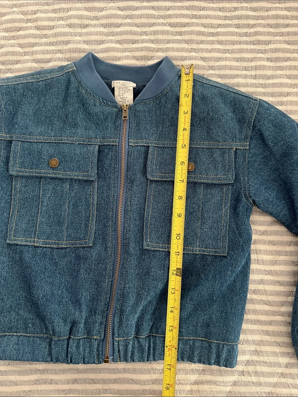 Max Studio Kids Girls Blue Denim Bomber Jacket Quilted Lined Zip Front Sz M 7/8